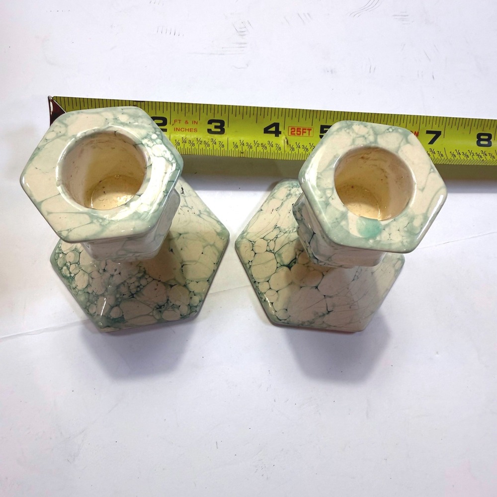 Vintage PartyLite Green Marbled Ceramic Taper Candlestick Holders Set of 2 4in - Picture 2 of 6